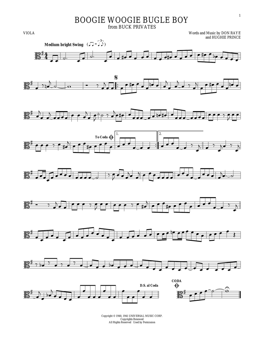 Boogie Woogie Bugle Boy Viola Solo scores gallery preview page 1