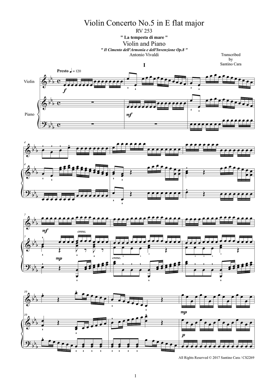 Vivaldi - Violin Concerto No.5 in E flat - La tempesta di mare - RV 253 Op.8 for Violin and Piano Vivaldi - Violin Concerto No.5 in E flat - La tempesta di mare - RV 253 Op.8 for Violin and Piano Violin Solo scores gallery preview page 1