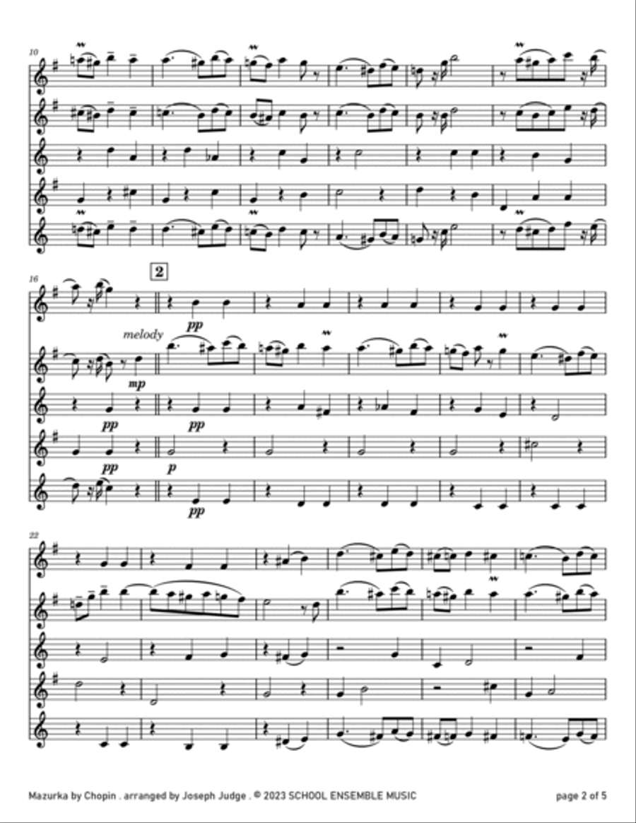 Mazurka by Chopin for Saxophone Quartet in Schools Saxophone Quartet scores gallery preview page 2