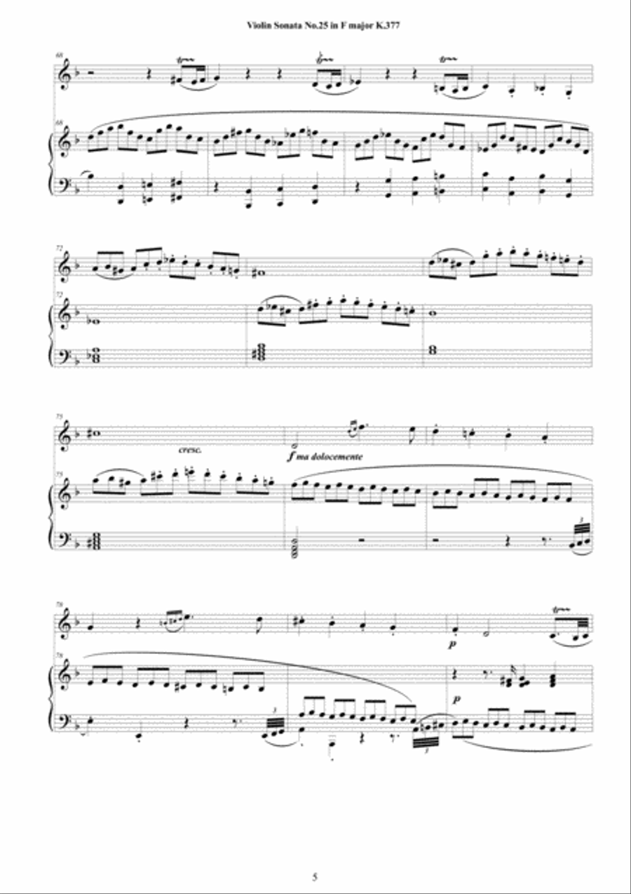 Mozart - Violin Sonata No.25 in F major K 377 for Violin and Piano - Score and Part Violin Solo scores gallery preview page 5