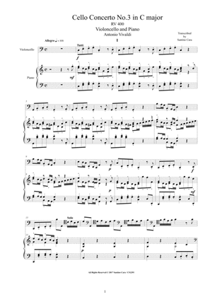Vivaldi - Cello Concerto No.3 in C major RV 400 for Cello and Piano