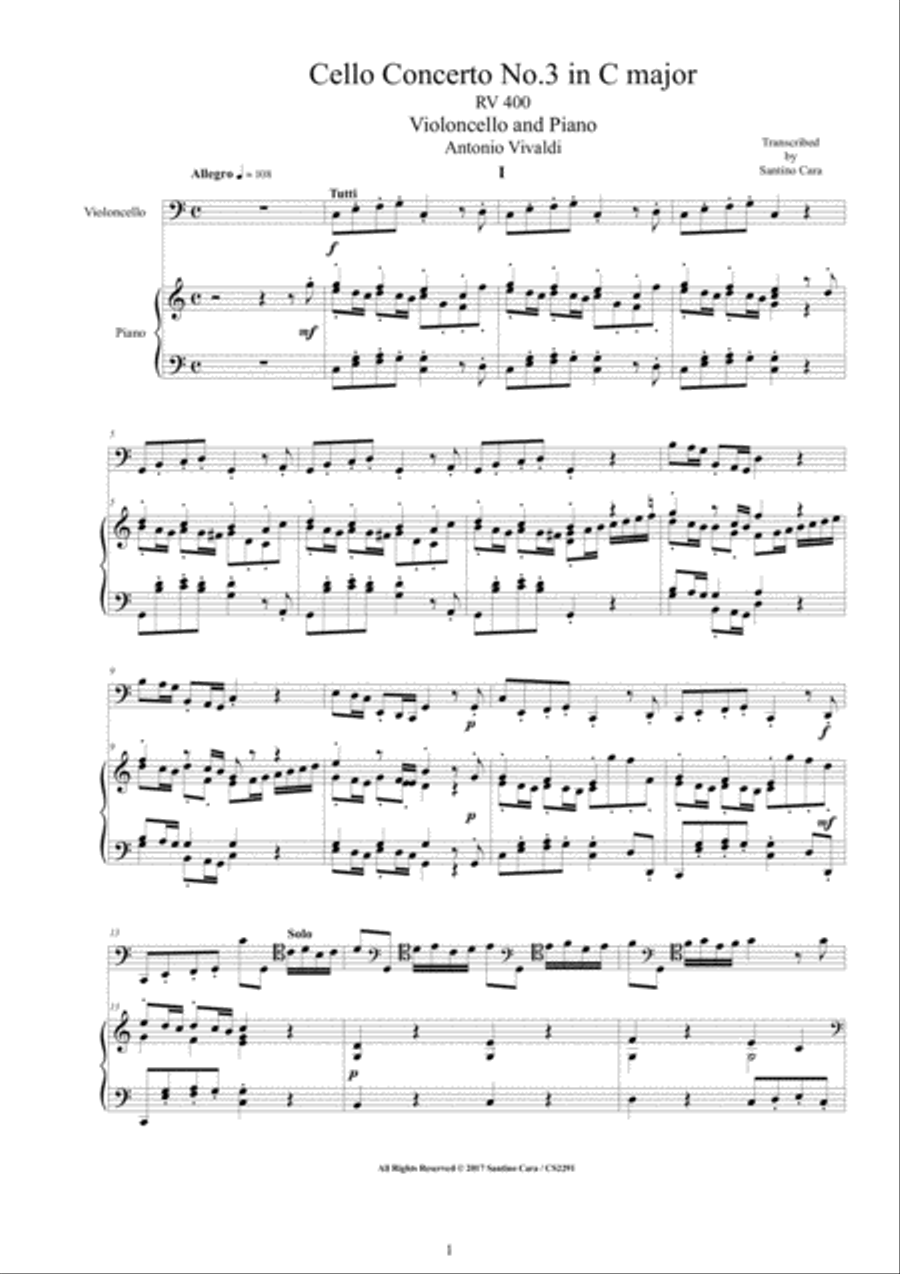 Vivaldi - Cello Concerto No.3 in C major RV 400 for Cello and Piano Vivaldi - Cello Concerto No.3 in C major RV 400 for Cello and Piano Piano scores gallery preview page 1