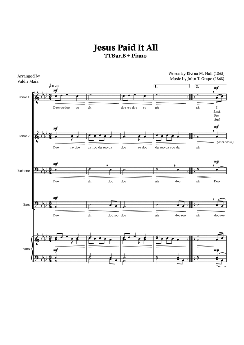 Jesus Paid It All - TTBB Quartet or Choir (Piano Accompaniment) image number null