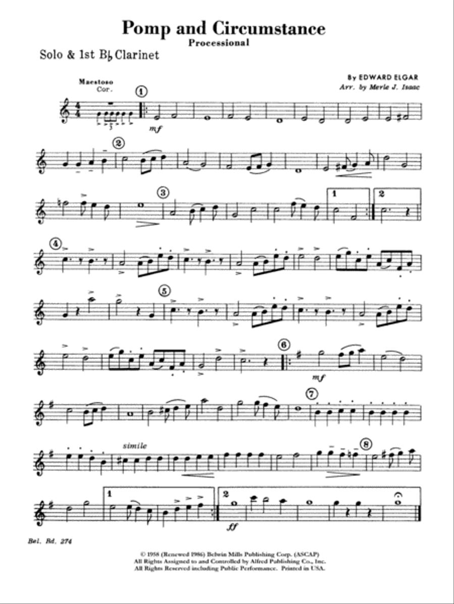Pomp and Circumstance, Op. 39, No. 1 (Processional): 1st B-flat Clarinet Concert Band scores gallery preview page 1