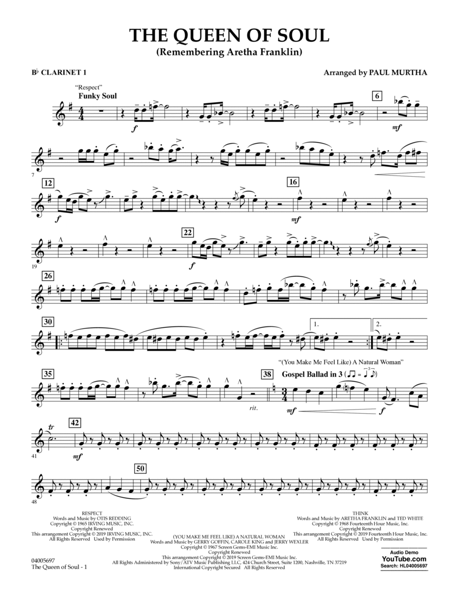 The Queen Of Soul (arr. Paul Murtha)- Conductor Score (Full Score) - Bb Clarinet 1 B-Flat Clarinet scores gallery preview page 1