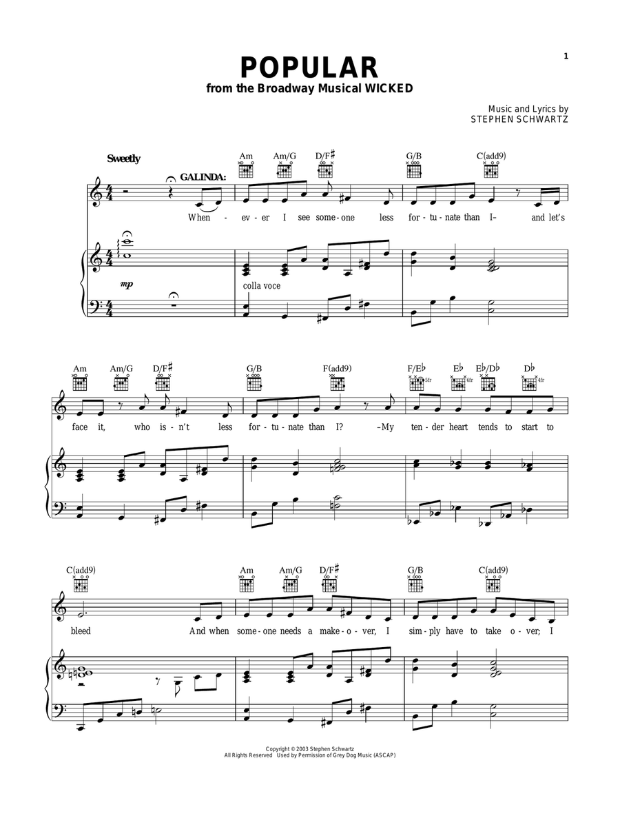 Popular (from Wicked) Piano, Vocal, Guitar scores gallery preview page 1
