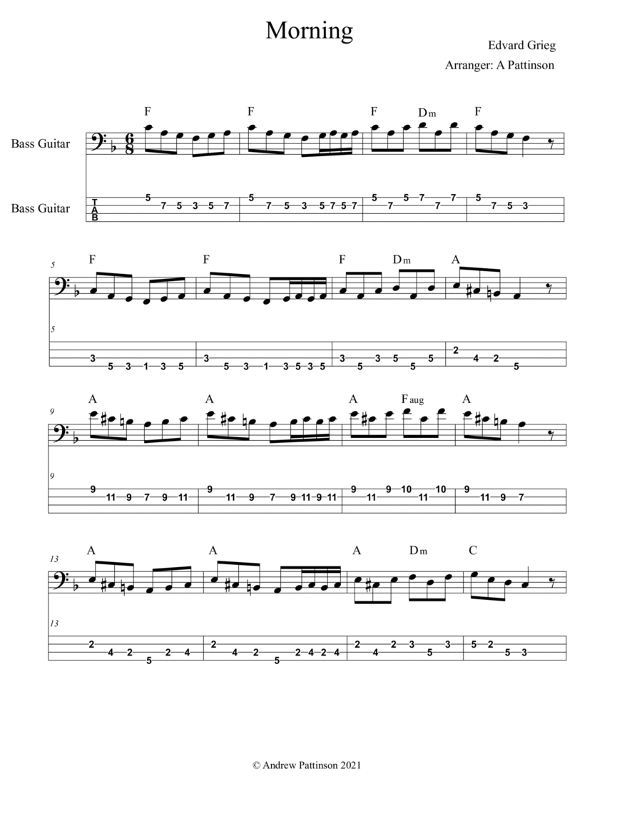 Morning by Edvard Grieg for Bass with Chords and TAB Bass Guitar scores gallery preview page 1