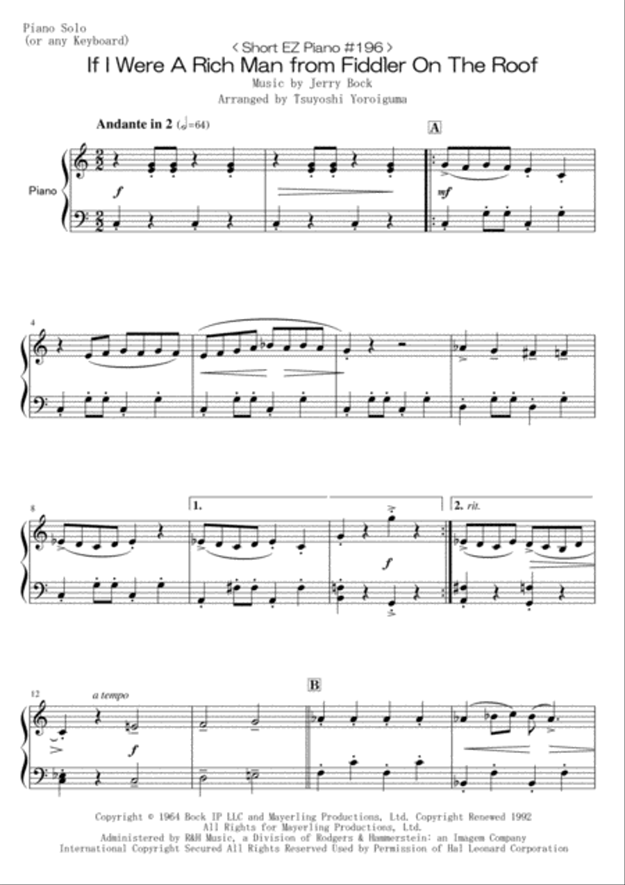 If I Were A Rich Man If I Were A Rich Man Easy Piano scores gallery preview page 1