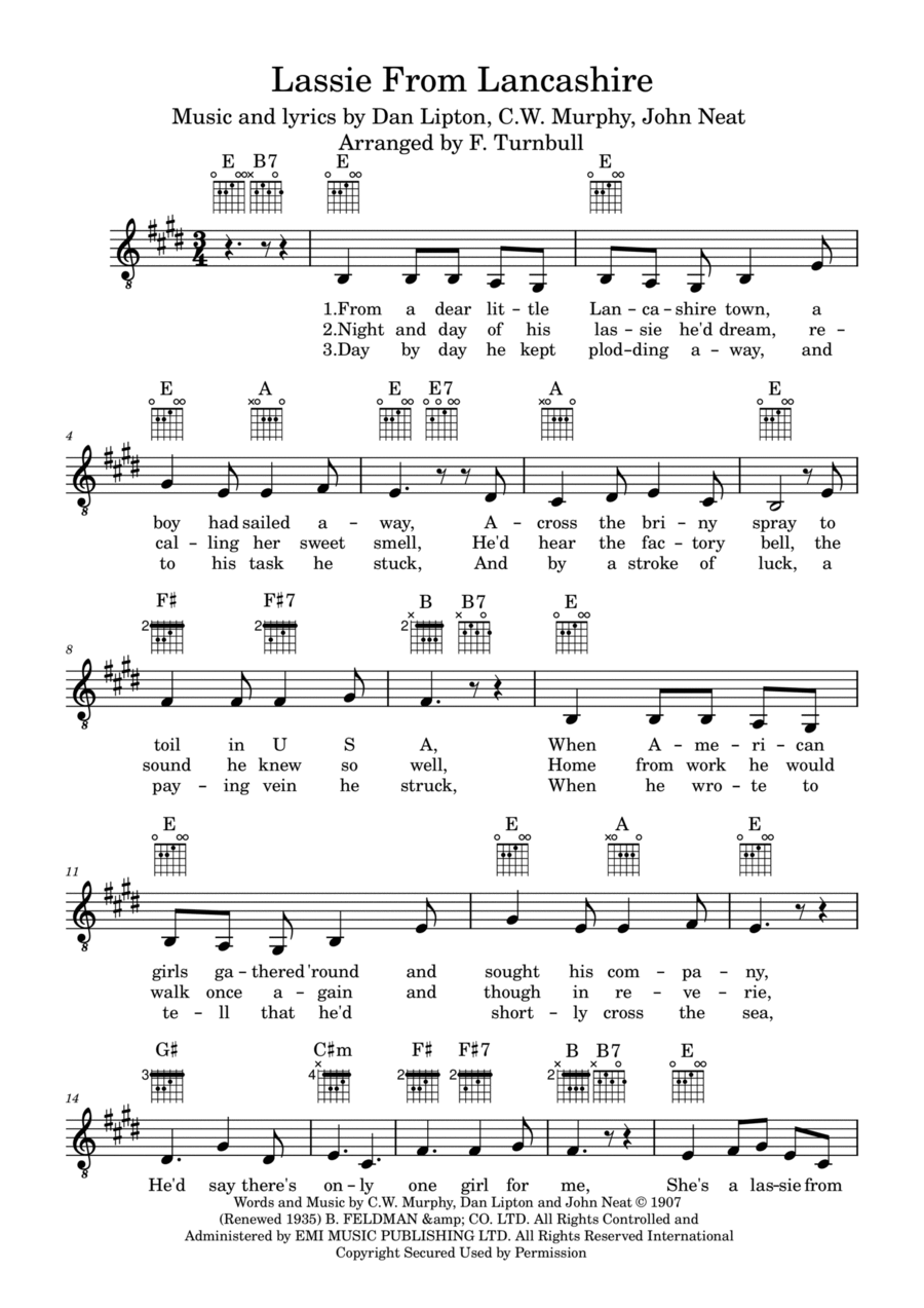 She's A Lassie From Lancashire Piano, Vocal, Guitar scores gallery preview page 1