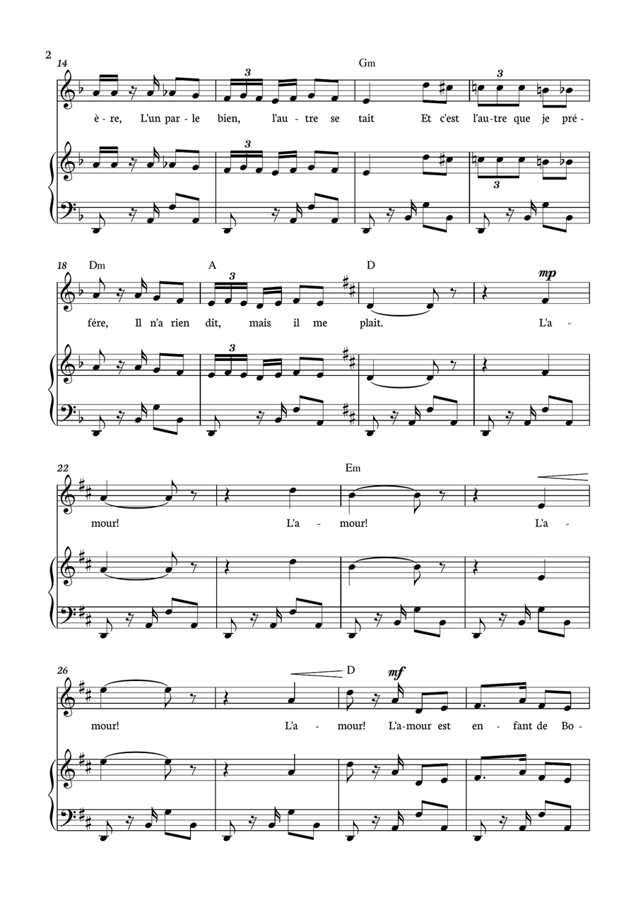 Habanera - Carmen for piano, chords and voice in D minor. Piano, Vocal scores gallery preview page 2