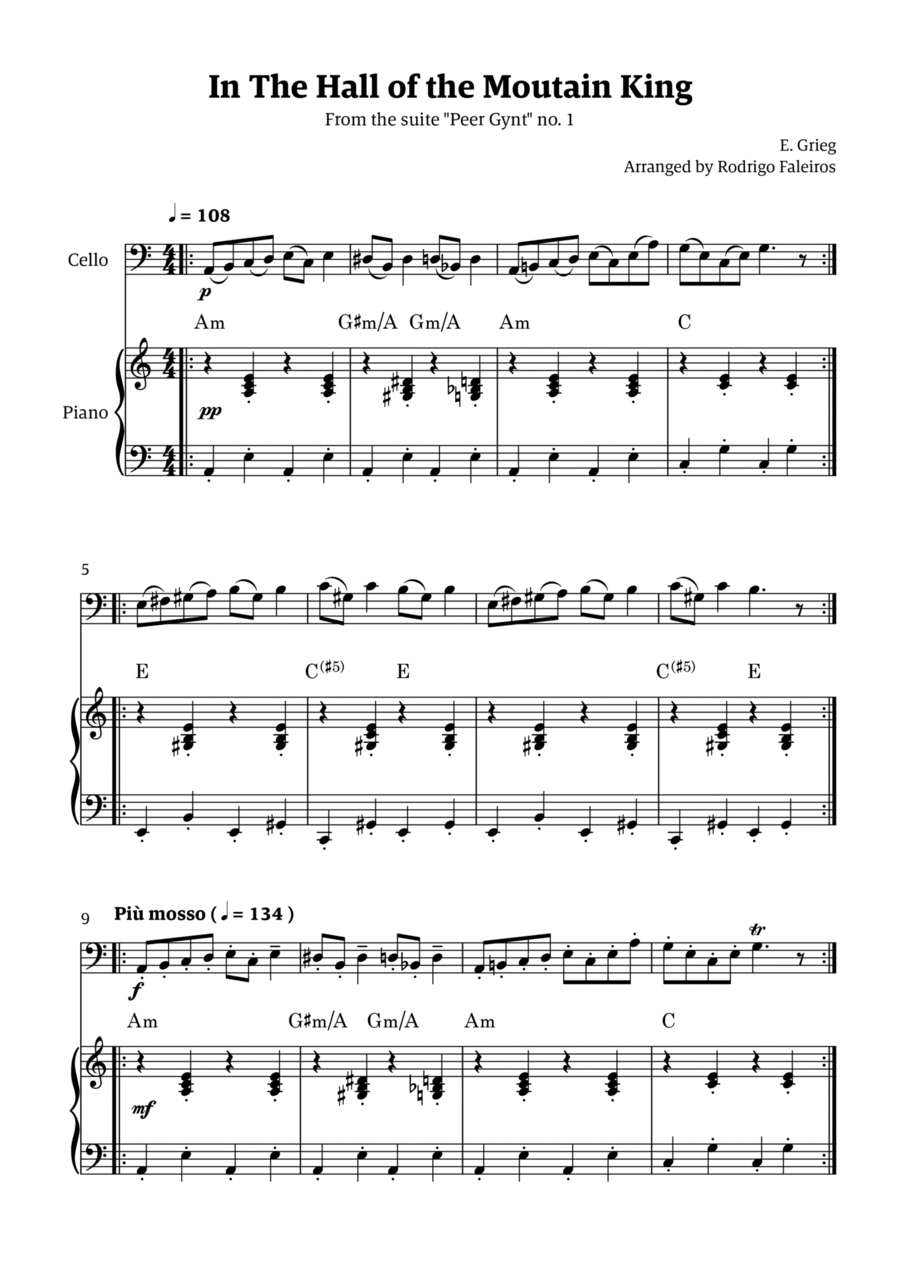 In the Hall of the Mountain King (for cello solo w/ piano accompaniment) Chamber Music scores gallery preview page 1