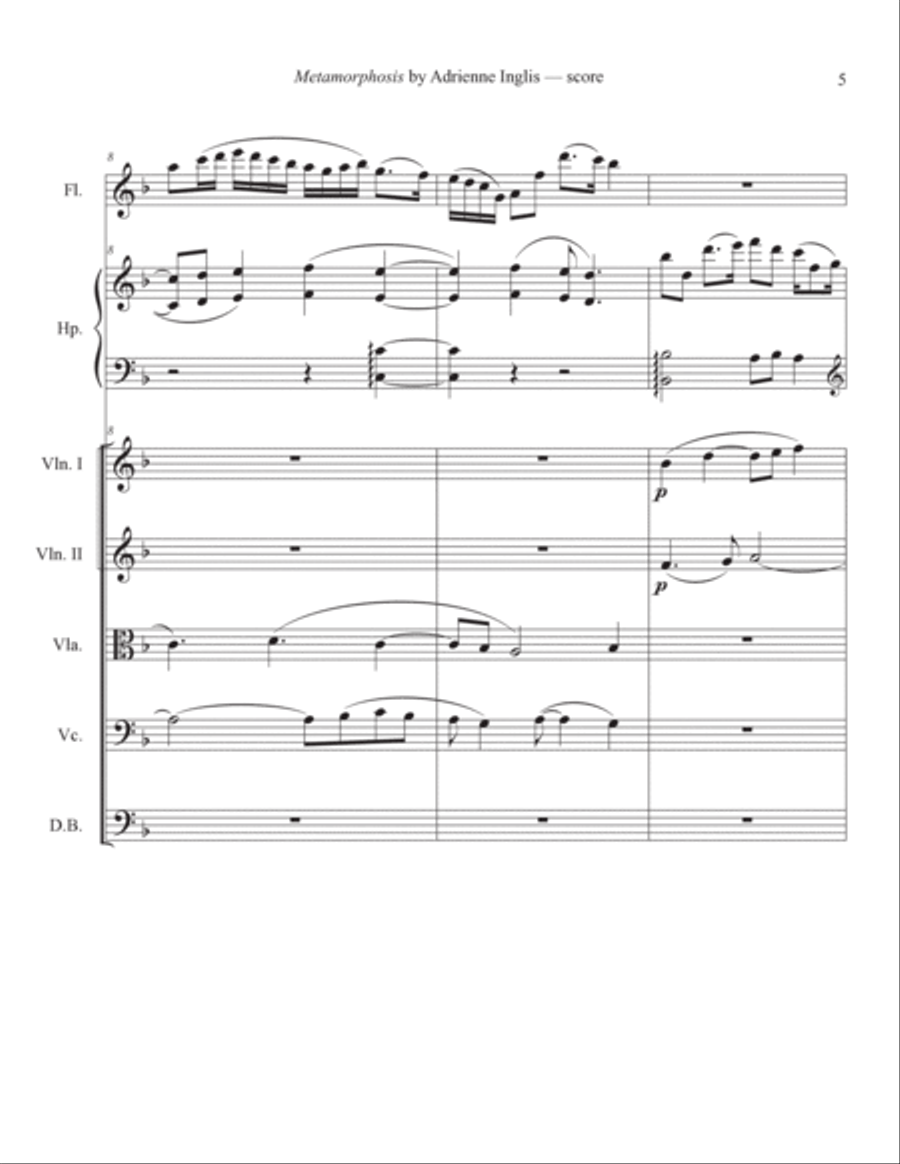 Metamorphosis for solo flute, solo pedal or lever harp, and strings Chamber Orchestra scores gallery preview page 5