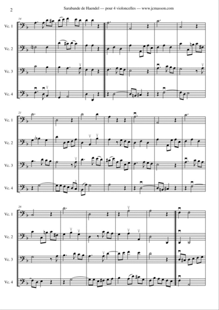Sarabande by G.F. Handel --- arr. for cello quartet by Jean-Christophe Masson --- FULL SCORE AND PAR Cello Solo scores gallery preview page 4