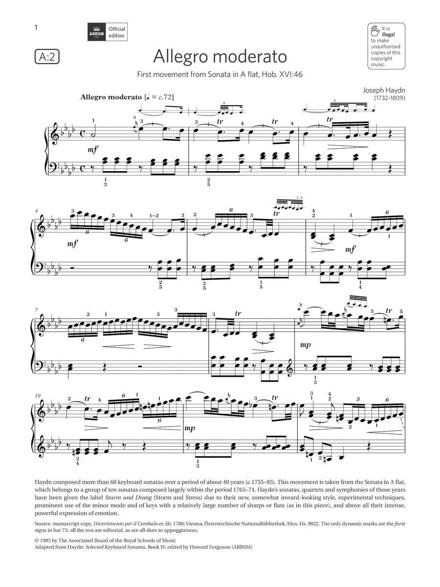 Allegro moderato (Grade 8, list A2, from the ABRSM Piano Syllabus 2021 & 2022) Piano Method scores gallery preview page 1