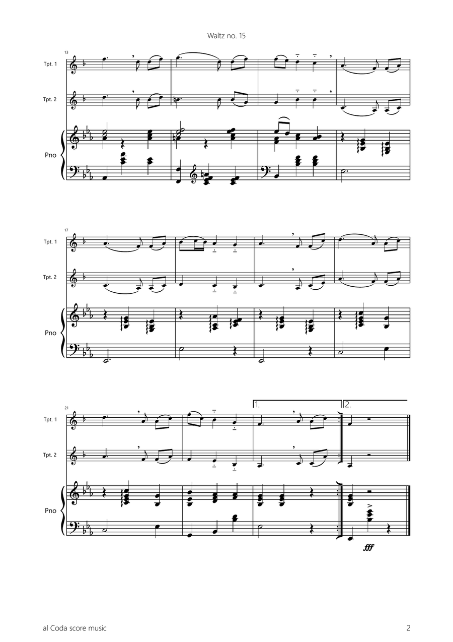 Waltz no. 15 Op. 39 by J. Brahms - for trumpet duet Trumpet Duet scores gallery preview page 3