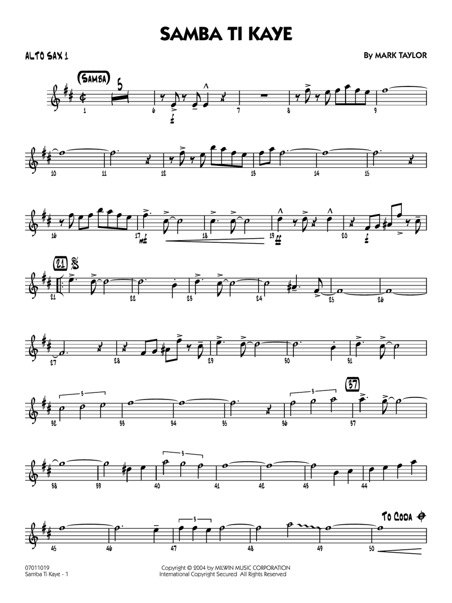 Samba Ti Kaye - Alto Sax 1 Jazz Ensemble scores gallery preview page 1