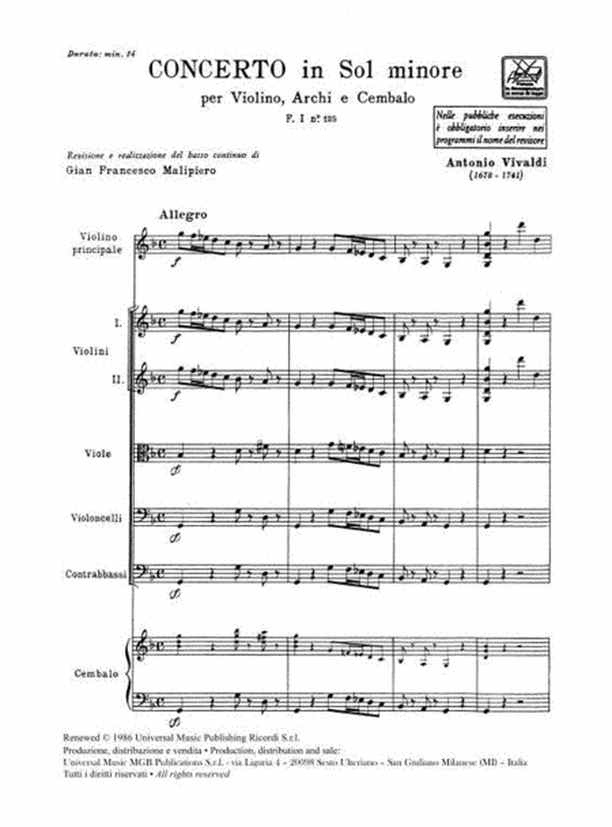 Concerto Per Violino, Archi E BC In Sol Min Rv 331