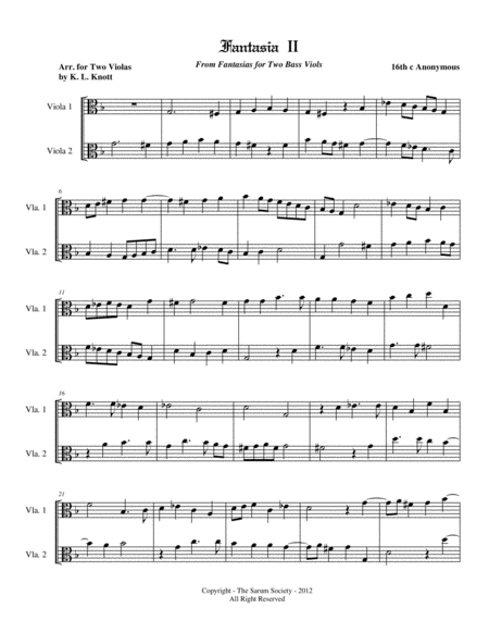 5 RENAISSENCE FANTASIAS for 2 Violas by 16th Century Anonymous Composer (arr. K. L. Knott)