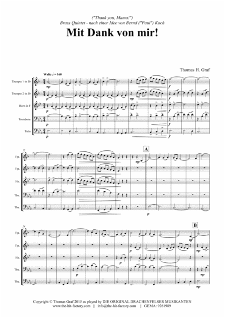 Mit Dank von mir - German Waltz - Oktoberfest - Brass Quintet Brass Quintet scores gallery preview page 1