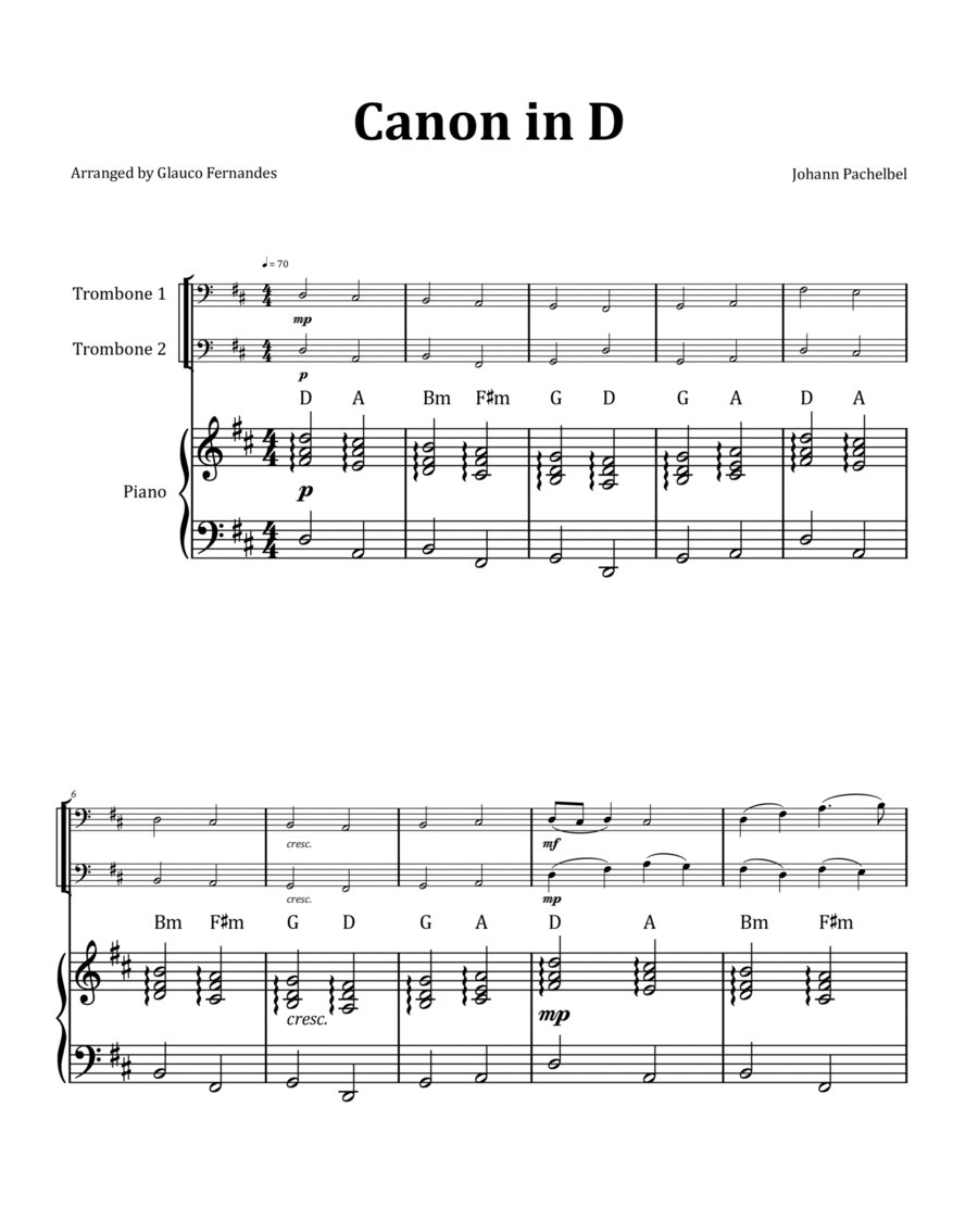 Canon by Pachelbel - Trombone Duet with Piano and Chord Notation image number null
