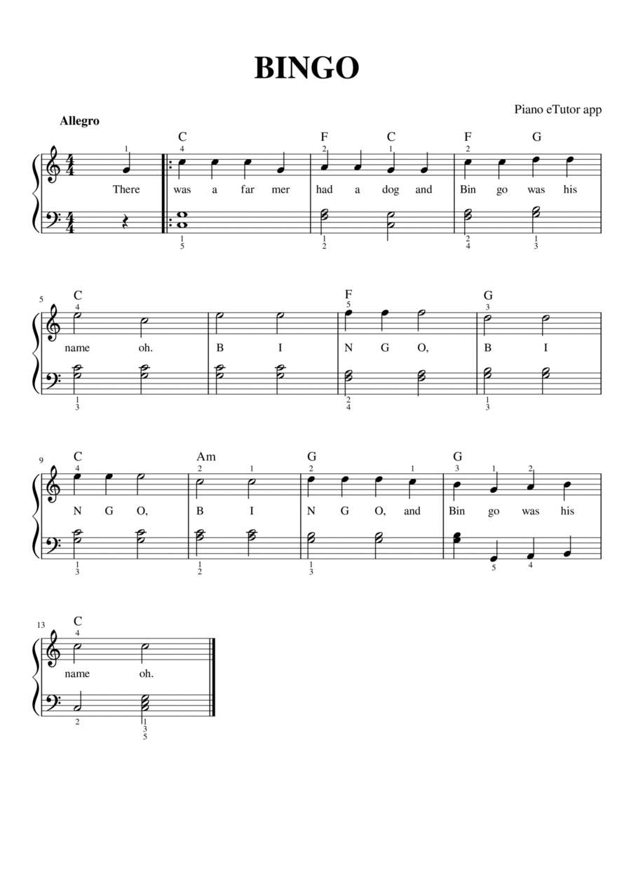BINGO - piano sheet music Easy Piano scores gallery preview page 1