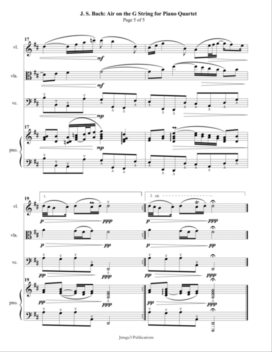 Bach: Air on the G String for Piano Quartet Piano Quartet scores gallery preview page 5