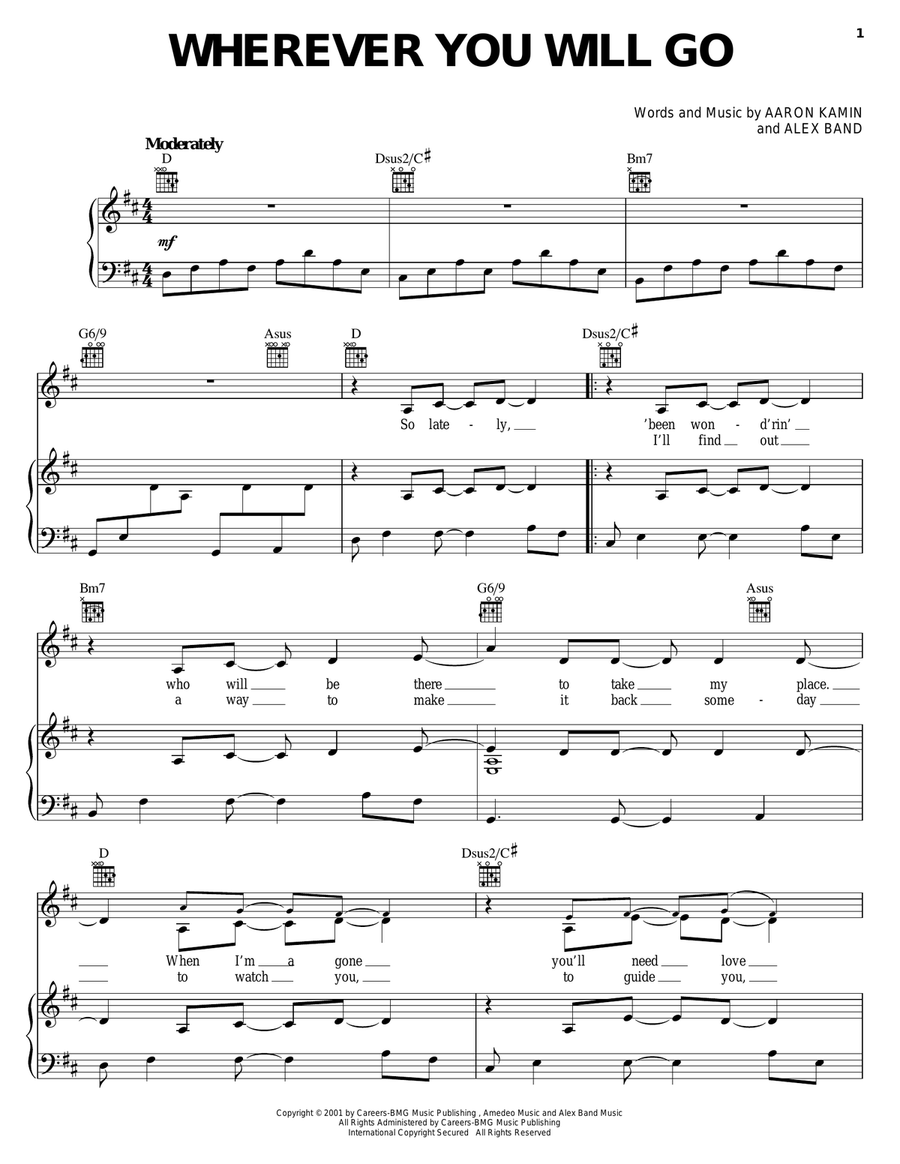 Wherever You Will Go Piano, Vocal, Guitar scores gallery preview page 1