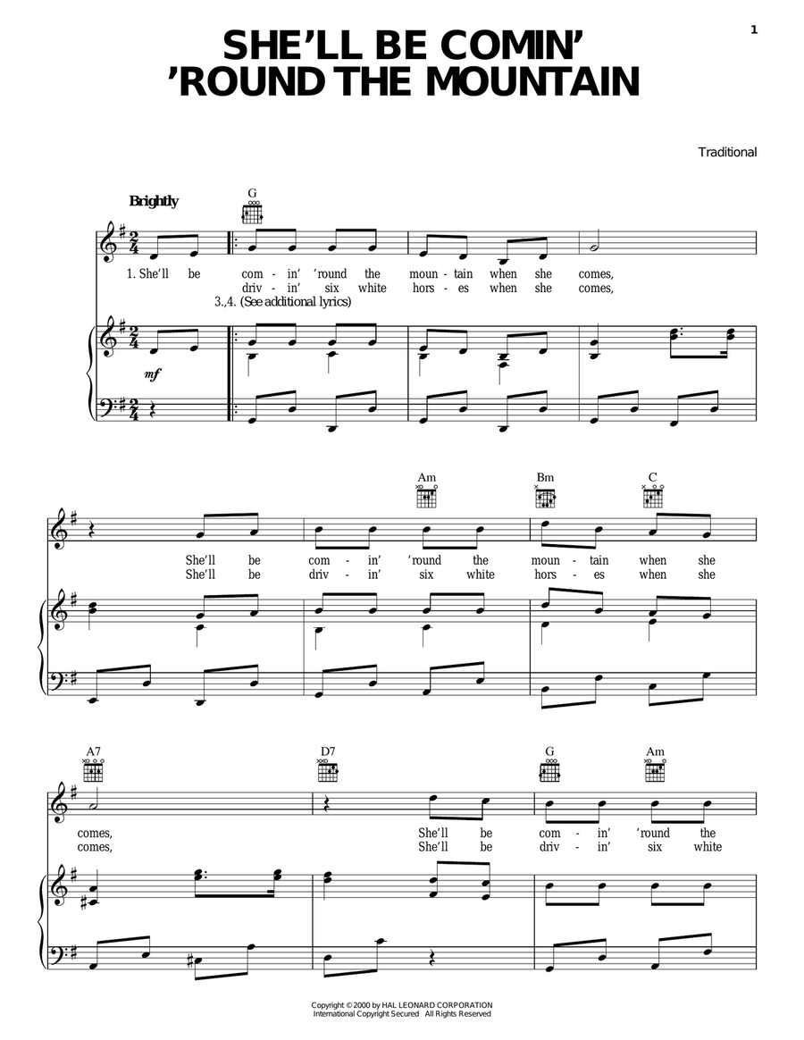She'll Be Comin' 'Round The Mountain Piano, Vocal, Guitar scores gallery preview page 1