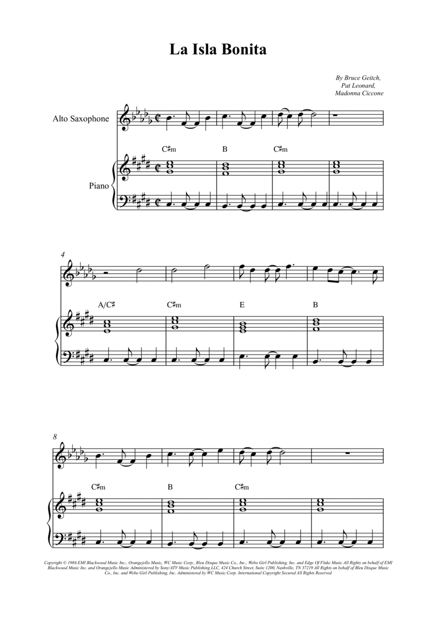La Isla Bonita Alto Saxophone scores gallery preview page 1