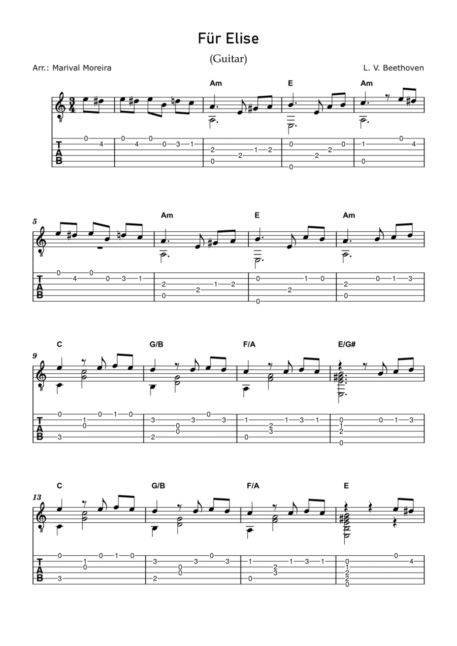 Fur Elise - Beethoven (Guitar Solo) Tabs and Chords Acoustic Guitar scores gallery preview page 1