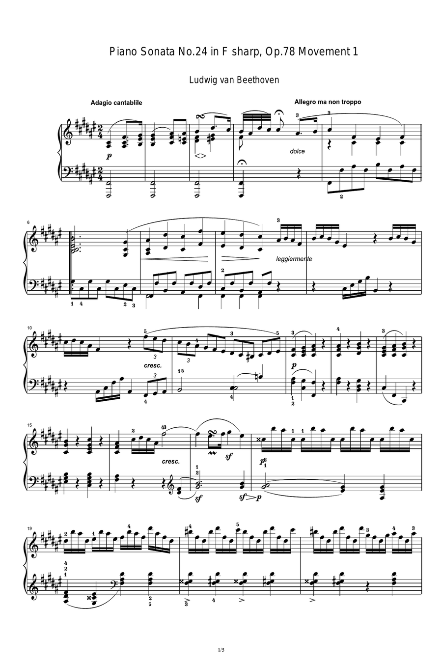 Piano Sonata No.24 in F sharp, Op.78 Movement 1 Piano Solo scores gallery preview page 1