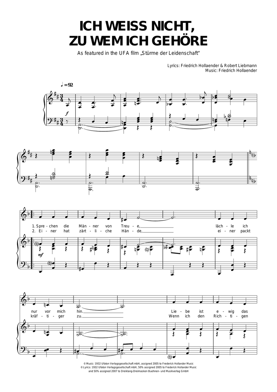 Ich Weiss Nicht, Zu Wem Ich Gehore Piano, Vocal scores gallery preview page 1