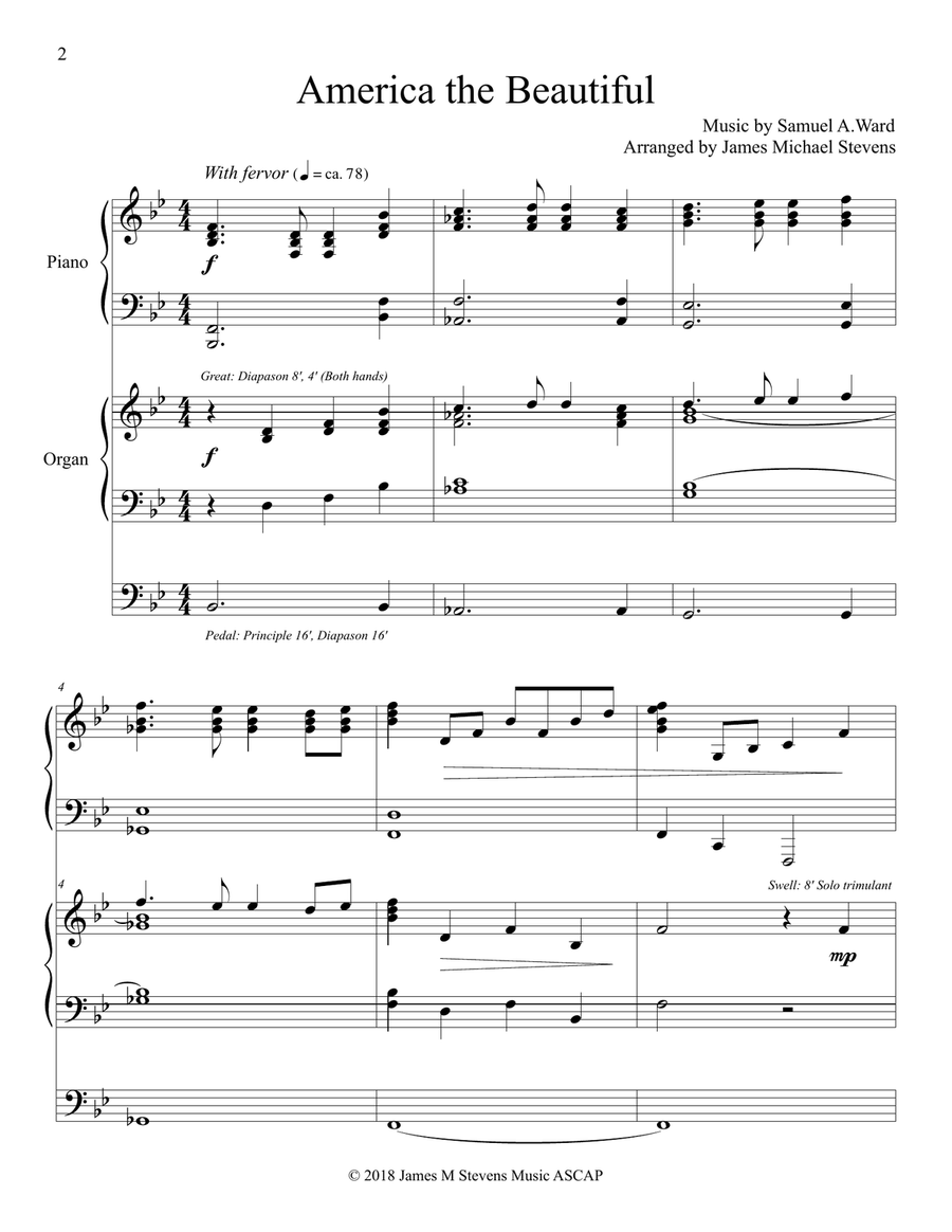 America the Beautiful - Piano & Organ Duet Piano scores gallery preview page 2
