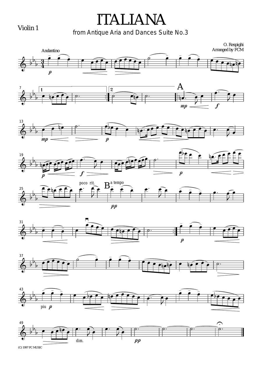 Respighi Italiana from Ancient Airs and Dances Suite No.3, for string quartet, CR001 String Quartet scores gallery preview page 1