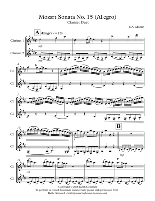 Book cover for Mozart Sonata No.15 (Allegro): Clarinet Duet