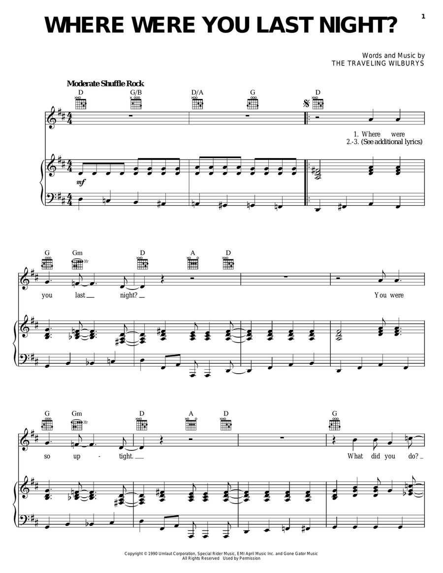 Where Were You Last Night? Piano, Vocal, Guitar scores gallery preview page 1