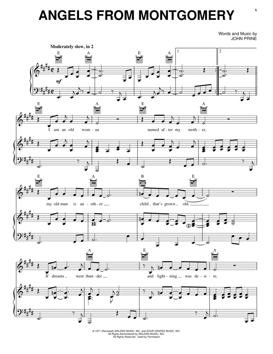 Angels From Montgomery Piano, Vocal, Guitar scores gallery preview page 1
