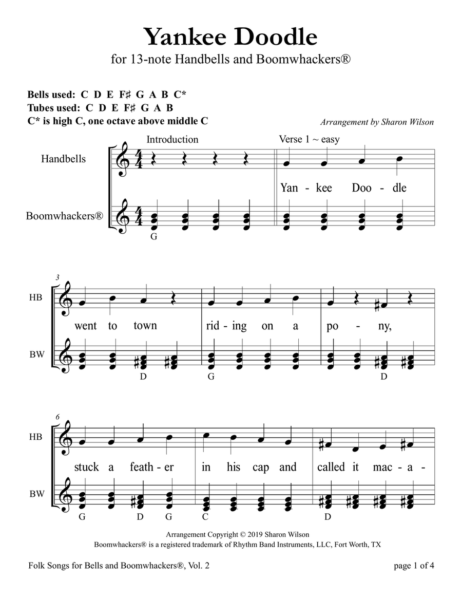 Yankee Doodle (for 13-note Bells and Boomwhackers with Black and White Notes) Handbell Choir scores gallery preview page 5