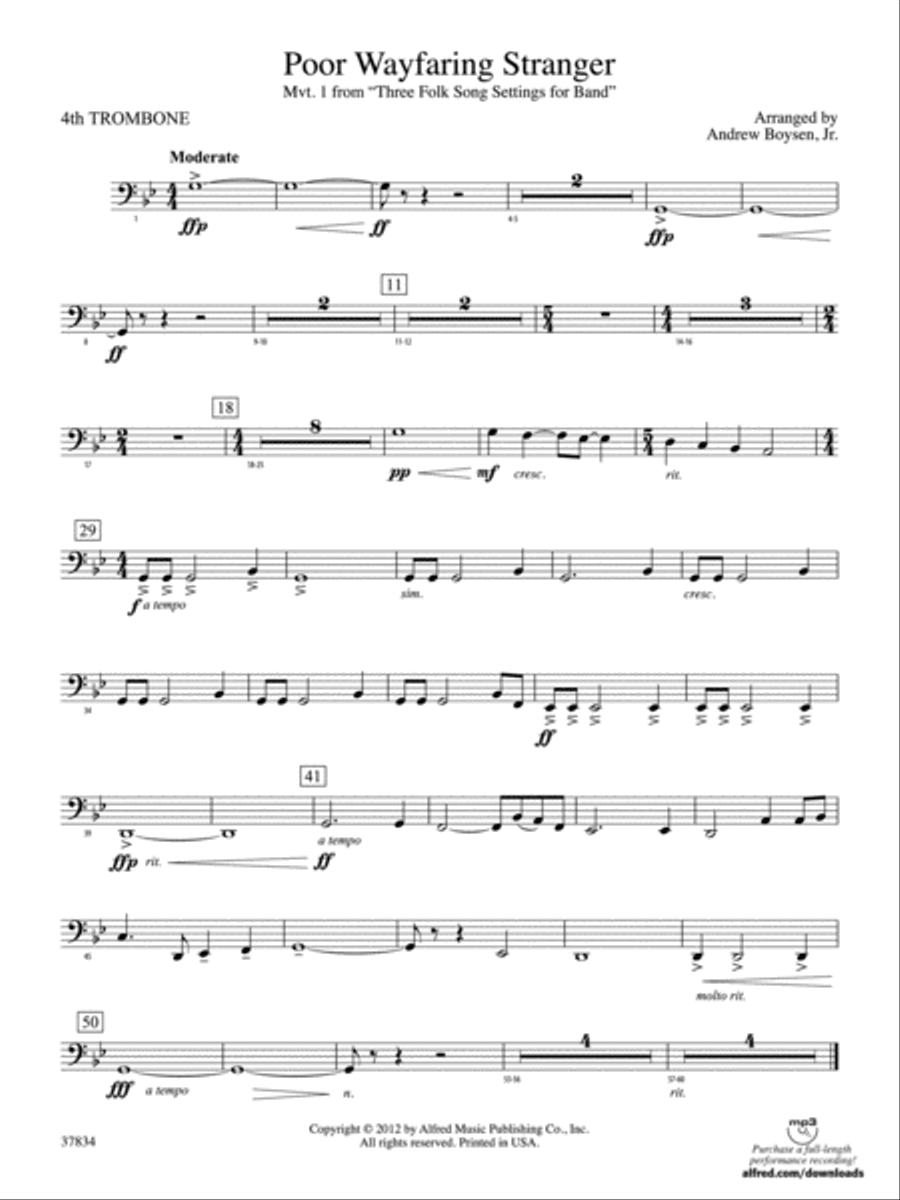 Poor Wayfaring Stranger: 4th Trombone Concert Band scores gallery preview page 1