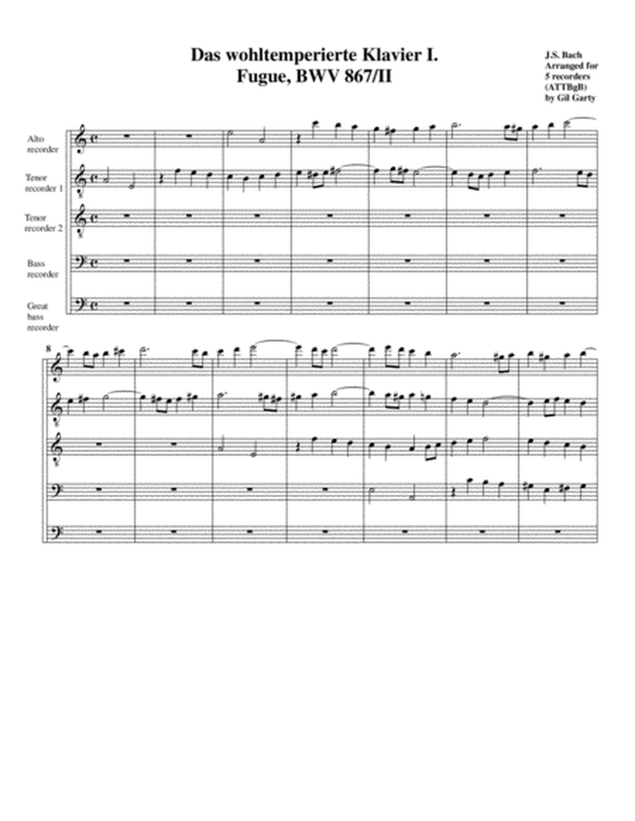 Fugue from Das wohltemperierte Klavier I, BWV 867/II (Version in A minor) (arrangement for 5 recorde