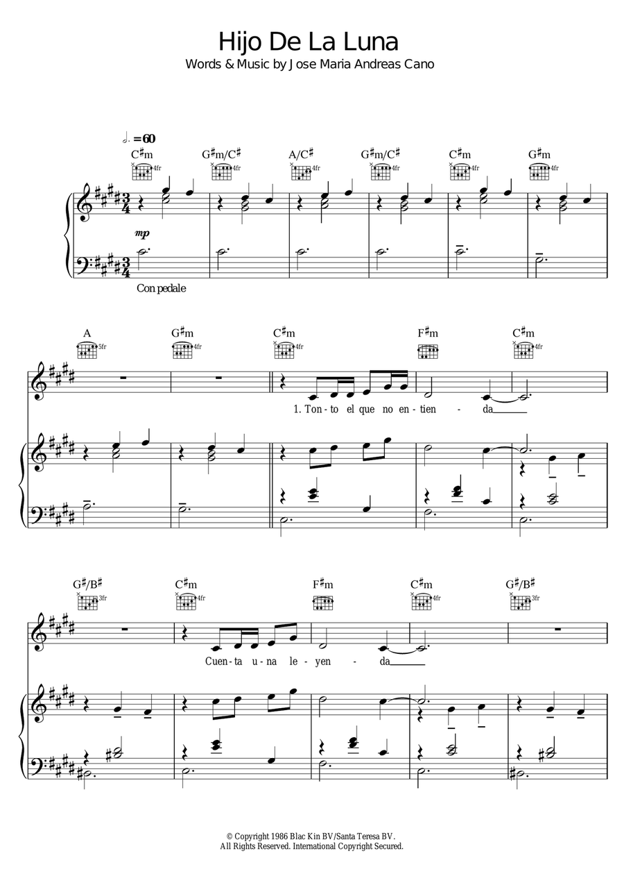 Hijo De La Luna Hijo De La Luna Piano, Vocal, Guitar scores gallery preview page 1