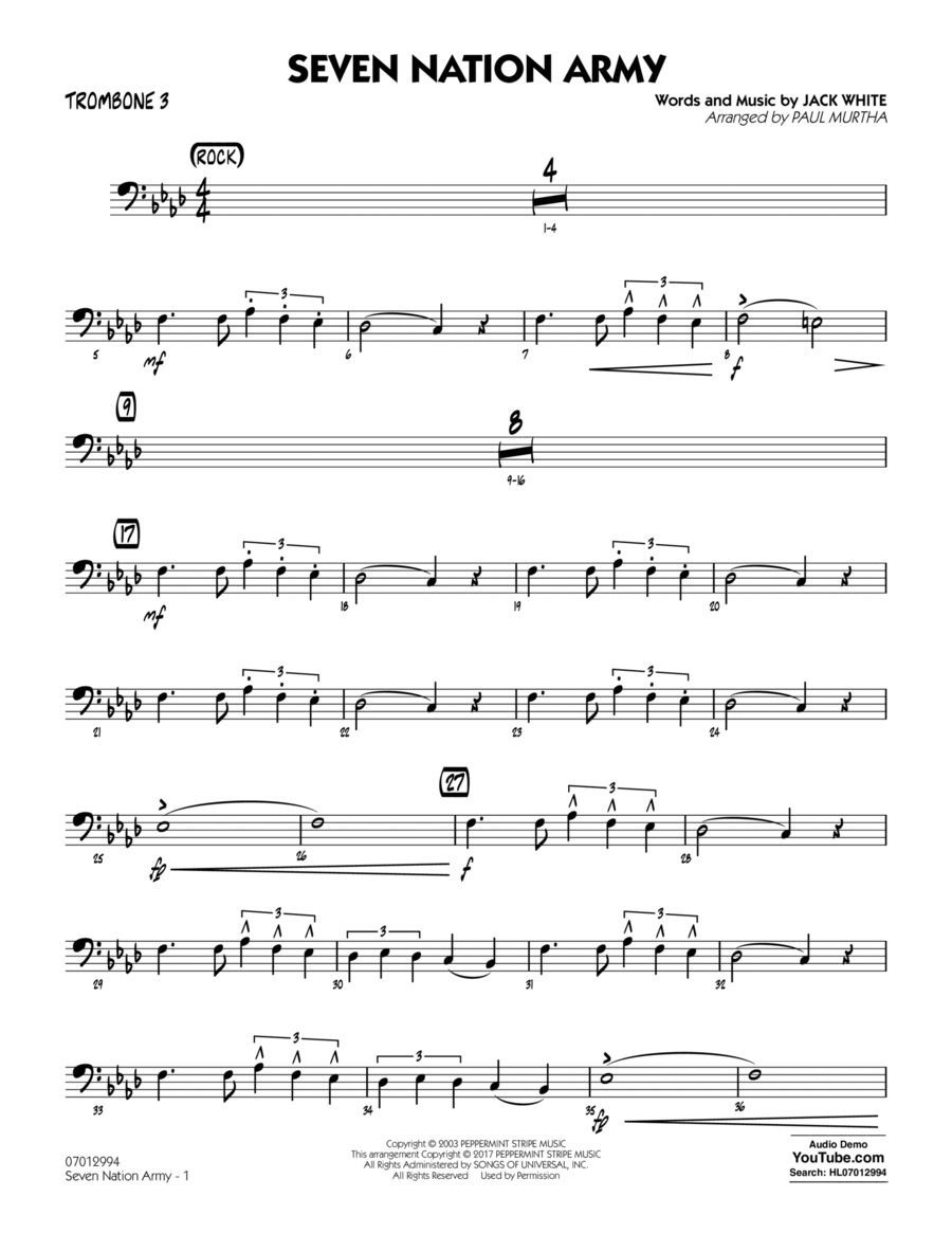 Seven Nation Army - Trombone 3 Trombone scores gallery preview page 1
