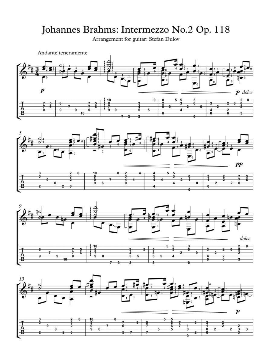 Intermezzo No. 2 Op. 118, guitar arrangement Acoustic Guitar scores gallery preview page 1