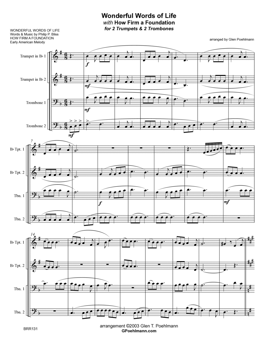 WONDERFUL WORDS OF LIFE (w/How Firm a Foundation) - BRASS QUARTET (unaccompanied) Brass Quartet scores gallery preview page 1