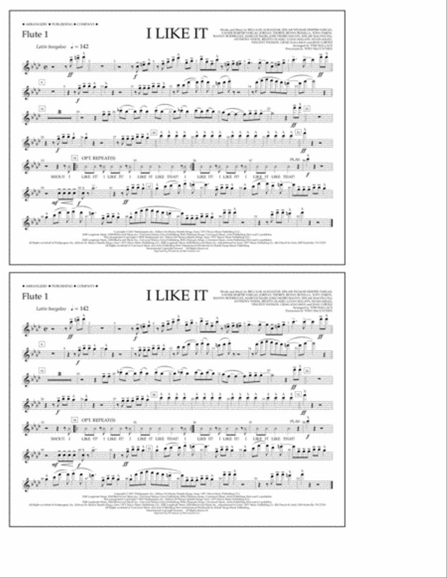I Like It (arr. Tom Wallace) - Flute 1 Marching Band scores gallery preview page 1
