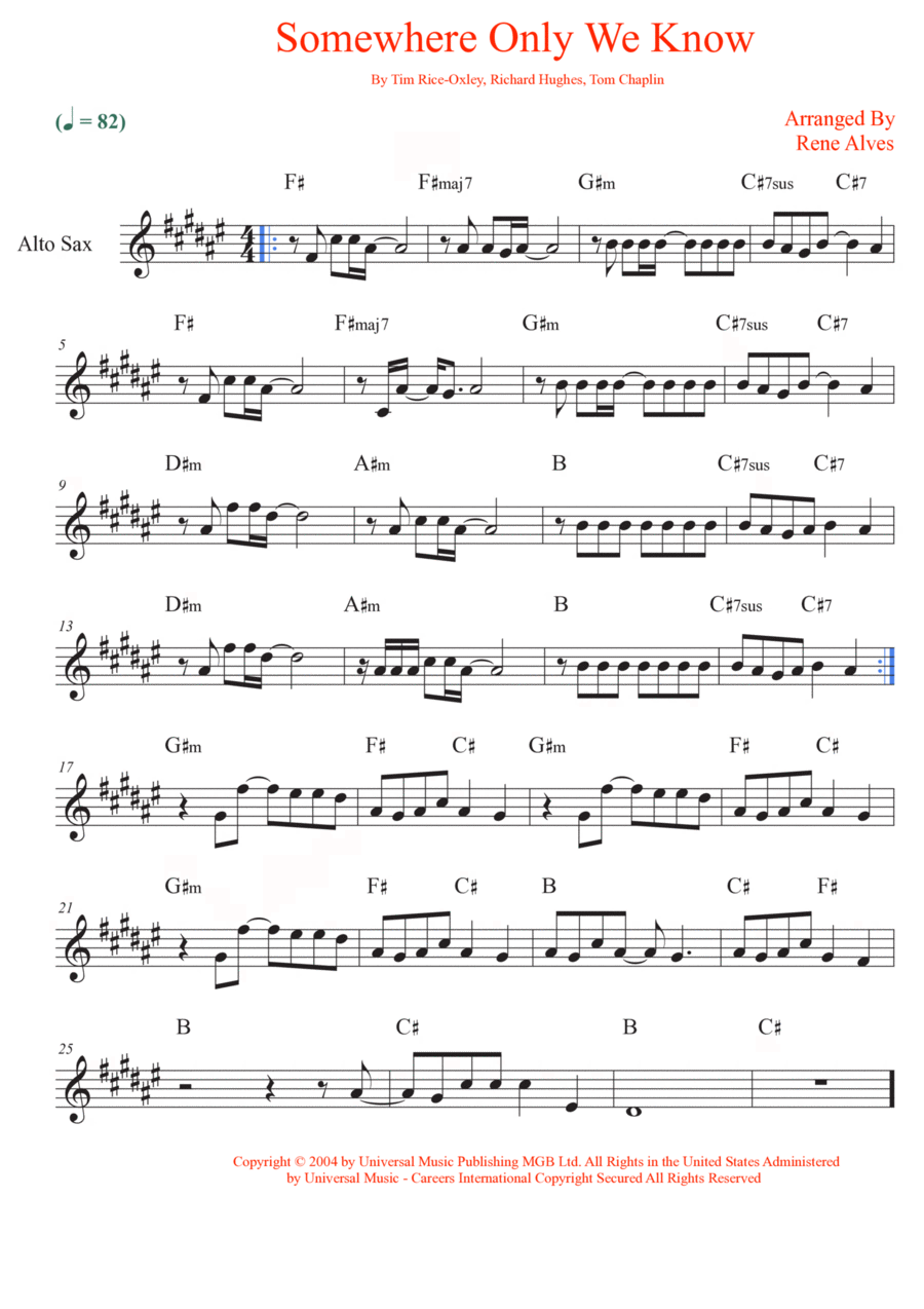 Somewhere Only We Know Alto Saxophone scores gallery preview page 1