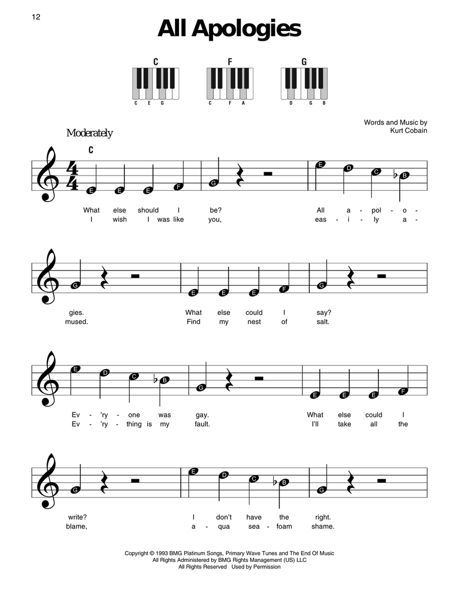 All Apologies Easy Piano scores gallery preview page 1