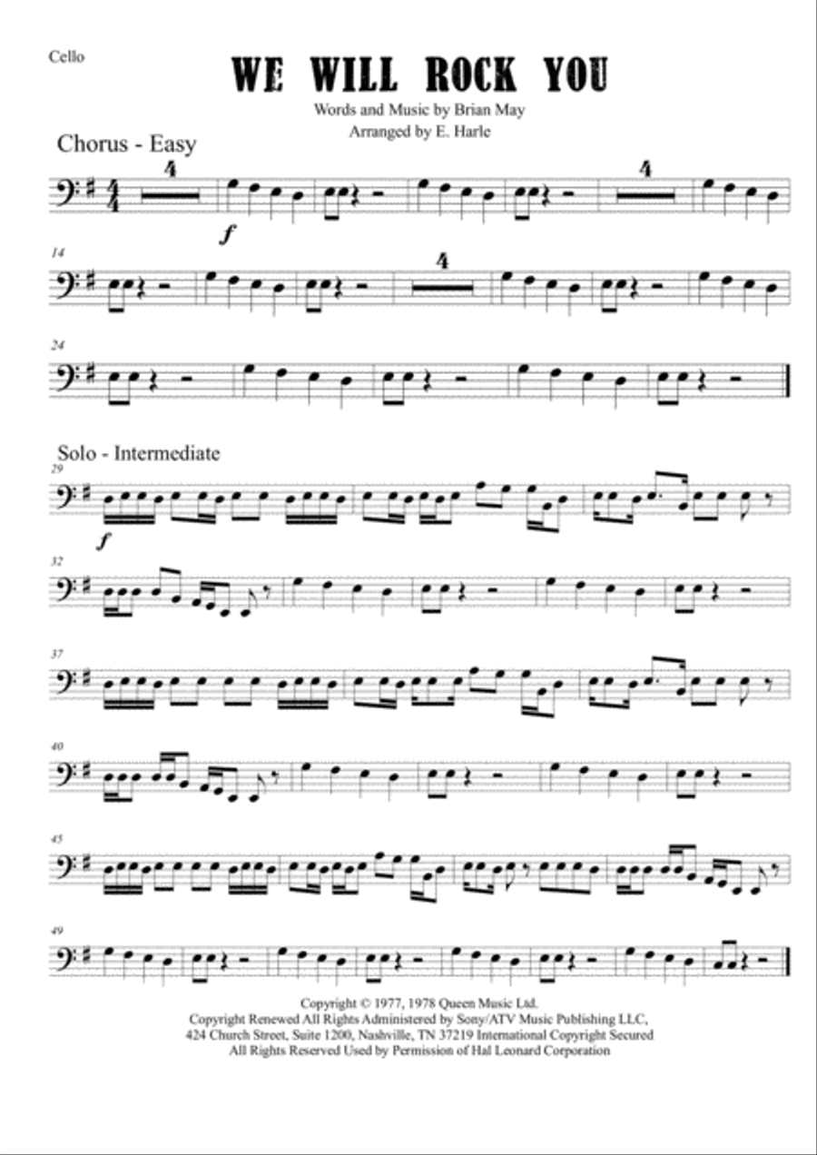We Will Rock You Cello Solo scores gallery preview page 1