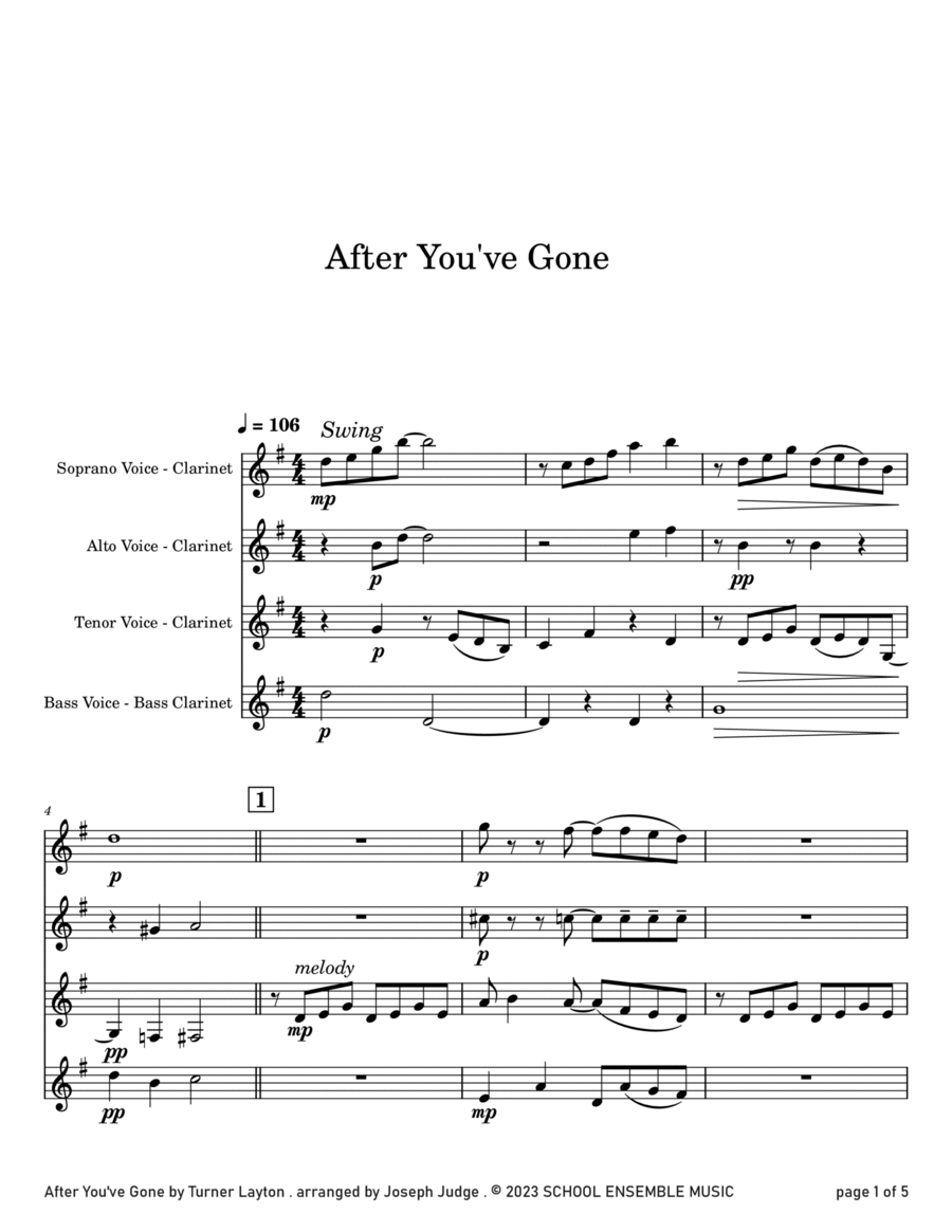 After You've Gone by Turner Layton for Clarinet Quartet in Schools Clarinet Quartet scores gallery preview page 1