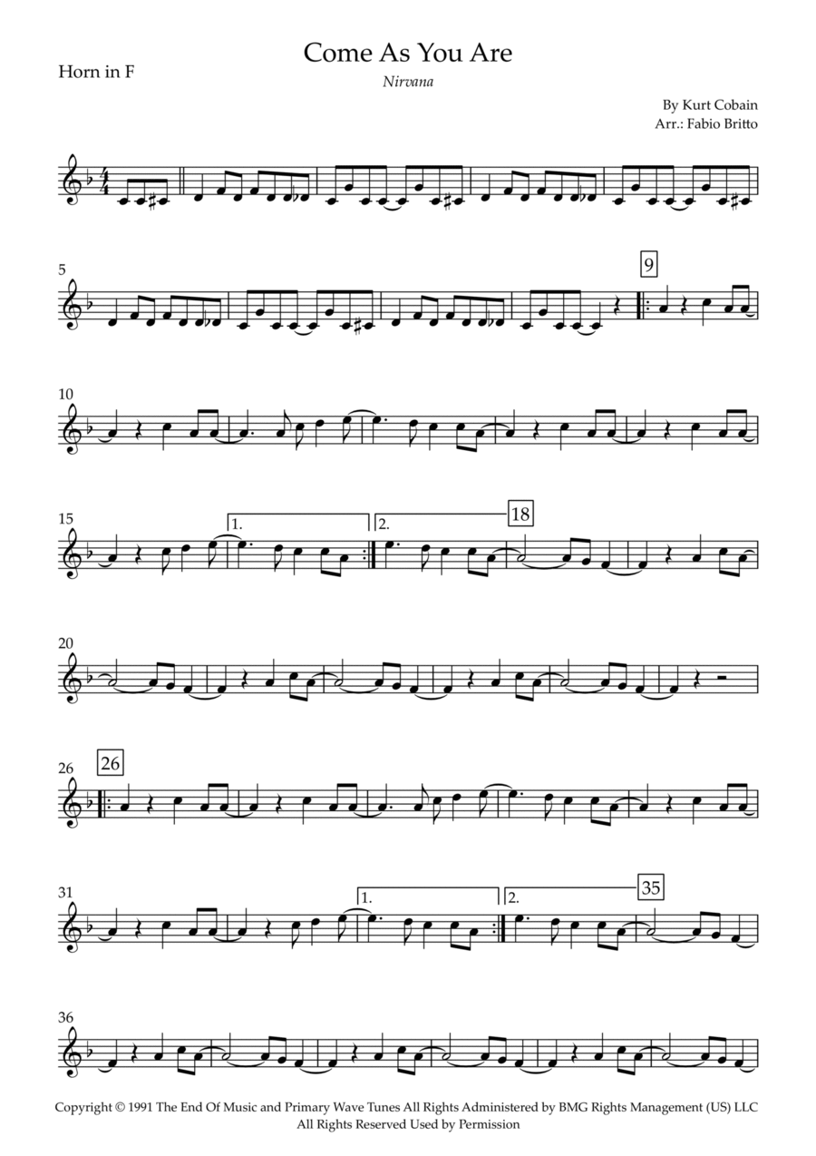 Come As You Are Horn Solo scores gallery preview page 1
